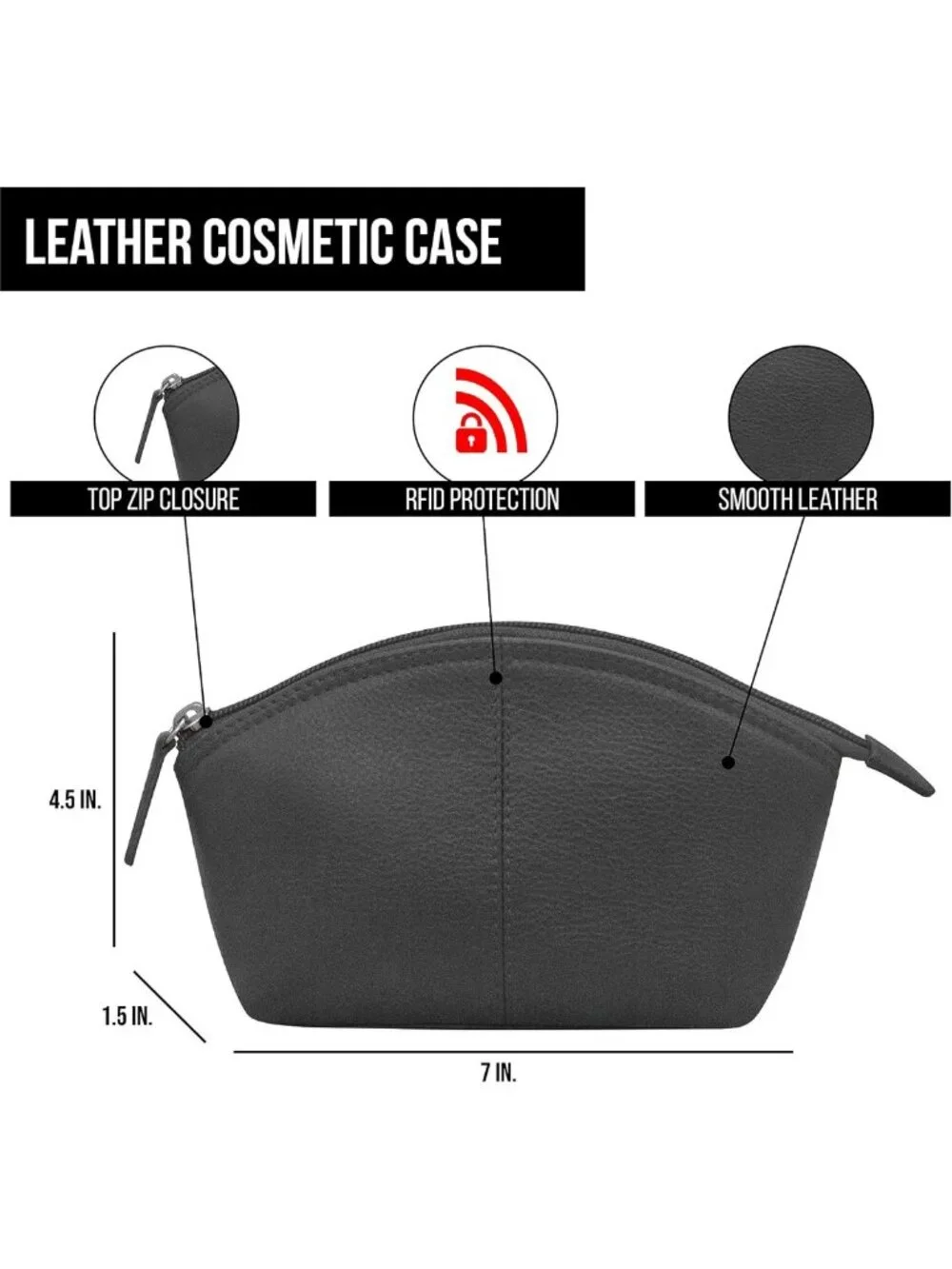 Genuine Leather RFID Blocking Makeup Pouch - Stylish Black Cosmetic Bag